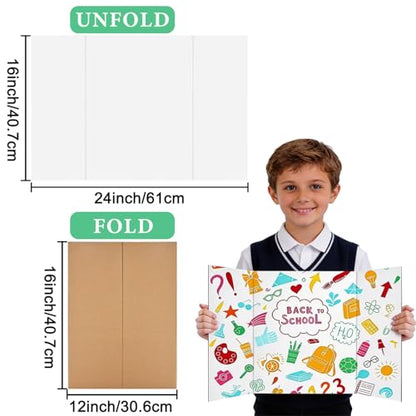 3 Pack Medium Trifold Poster Board, 24 x 16inches Poster Board with Double Sided Tapes and Cardboard, Corrugated Presentation,Science Fair Display Boards for School Project, Science Fair, Business - style: White-3 Pack-A