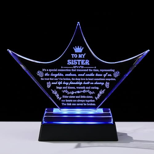 Sisters Gifts from Sister - Crown Crystal Engraved Keepsake with Led Base - Big Bestie Present for Girls Soul Gifts for Women - Best Unique Birthday Sister Gifts On Christamas Mothers Valentines - style: Sister-crown+led light