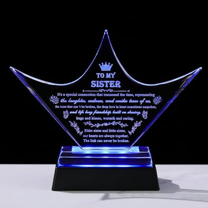 Sisters Gifts from Sister - Crown Crystal Engraved Keepsake with Led Base - Big Bestie Present for Girls Soul Gifts for Women - Best Unique Birthday Sister Gifts On Christamas Mothers Valentines - style: Sister-crown+led light