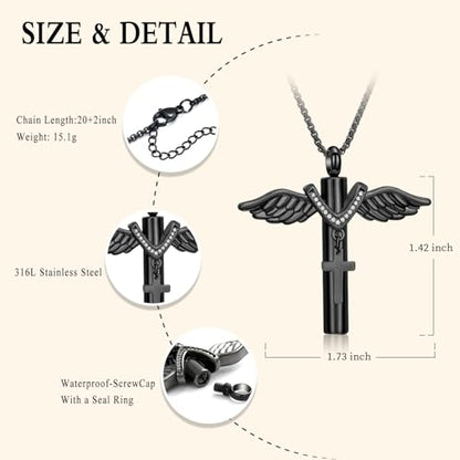 Oinsi Black Cross Urn Necklace For Ashes Of Loved Ones With Birthstone Always In My Heart Cremation Jewelry Keepsake Pendant Women Men - color: Z-Black