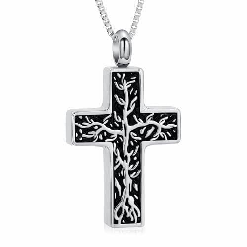XSMZB Cross Urn Necklace for Ashes for Women Men Tree of Life Cross Cremation Jewelry Keepsake Pendant for Ashes of Loved One - color: Silver