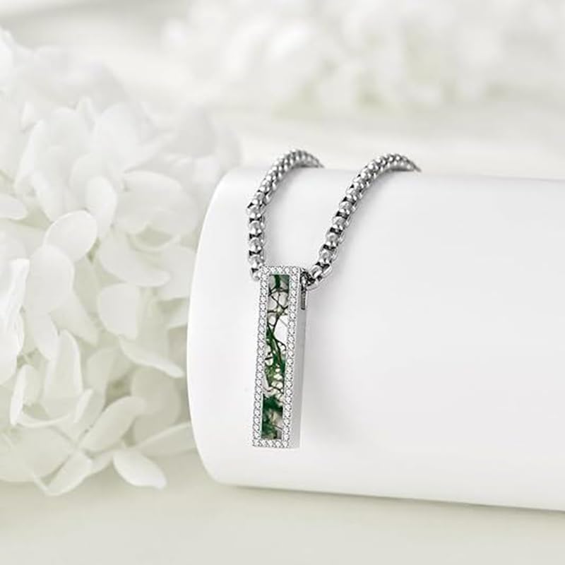 Cremation Urn Necklace for Ashes 925 Sterling Silver Moon Phase/Tree of Life/Hummingbird/Moss Agate/Opal/Compass/Mountain/Butterfly/Turquoise/Sunflower/Dragonfly/Cross Pendant Necklace Cremation Memorial Keepsake Urn Jewelry for Women Men - style: Moss Ag
