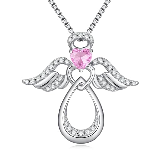 925 Sterling Silver Guardian Angel Pendant Necklace for Women with Birthstone Cubic Zirconia Little Angel Pendant Necklace Jewelry 18 inch Chain - color: 10-Oct-Pink