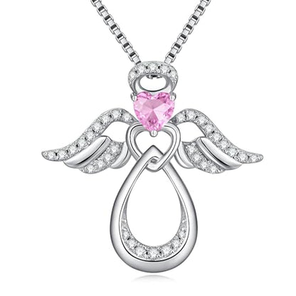 925 Sterling Silver Guardian Angel Pendant Necklace for Women with Birthstone Cubic Zirconia Little Angel Pendant Necklace Jewelry 18 inch Chain - color: 10-Oct-Pink