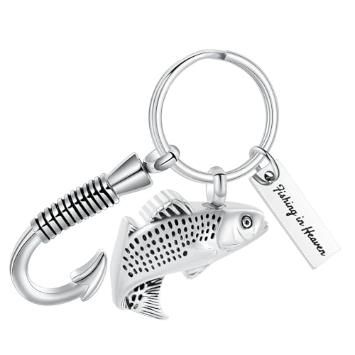 Oinsi Fishing Hook Urn Necklace for Ashes Fish Cremation Jewelry Memorial Ashes Keepsake Stainless Steel Urn Keychain for Men-Silver