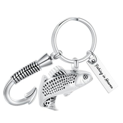 Oinsi Fishing Hook Urn Necklace for Ashes Fish Cremation Jewelry Memorial Ashes Keepsake Stainless Steel Urn Keychain for Men-Silver