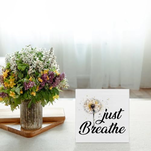 Inspirational Quote Desk Wooden Sign Decor Just Breathe Square Wood Sign | Desk Decoration Positive Dandelion Quotes Wood Block Box for Shelf Home 5 x 5 Inches