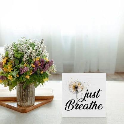 Inspirational Quote Desk Wooden Sign Decor Just Breathe Square Wood Sign | Desk Decoration Positive Dandelion Quotes Wood Block Box for Shelf Home 5 x 5 Inches