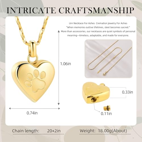 Paw Print Heart Urn Necklace for Pet Ashes Cremation Jewelry Memorial Keepsake Pendant for Dog/Cat Stainless Steel Ash Holder Necklace - color: Gold