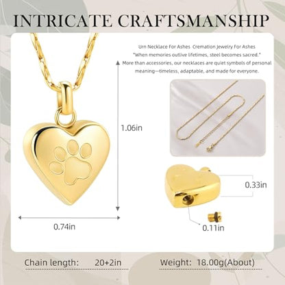 Paw Print Heart Urn Necklace for Pet Ashes Cremation Jewelry Memorial Keepsake Pendant for Dog/Cat Stainless Steel Ash Holder Necklace - color: Gold