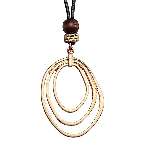 PU Leather Necklace Vintage Boho Multilayer Pendant for Women Men | Bohemian Hippie Style, Handmade Alloy Sweater Choker, Easy Adjustable Long Cord, Fit Daily Holiday Party Outfits,Jewelry Gift - color: Gold 3 Circles Leather Necklaces