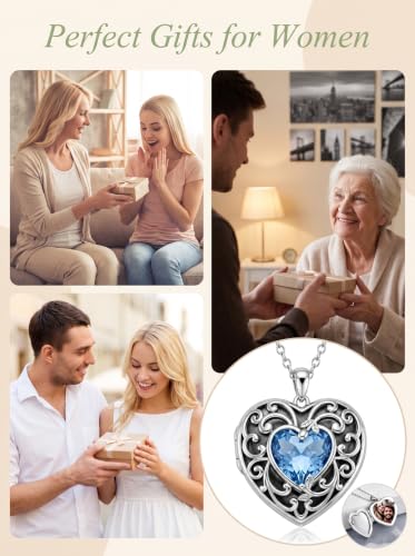 Poiuy Photo Locket Necklace for Women, Heart Picture Pendant Photo Necklace Jewelry Christmas Memorial Birthday Gifts for Women Daughter Mom - color: Filigree Crystal Locket Necklace