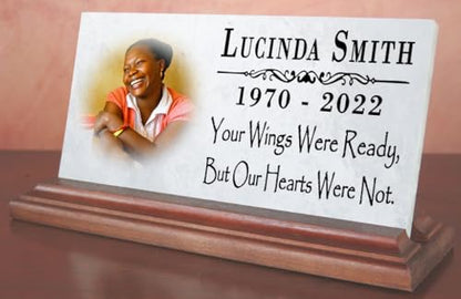 Broad Bay Loved One Memorial with Picture Celebration of Life Memorial Plaque Custom Photo Marble Remembrance - Your Wings were Ready But Our Hearts were Not 8" x 4"' - color: Your Wings Were Ready