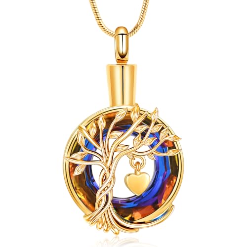 Hearbeingt Teardrop Urn Necklaces for Ashes Tree of Life Memorial Locket - color: Tree of Life-Gold Colorful