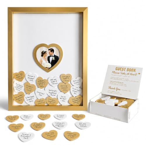 Gold Wedding Guest Book Alternative, Guest Book Wedding Reception, Wedding Guest Book with Wooden Hearts Guest Book Signs for Wedding Anniversary Birthday Party Baby Shower - color: Gold
