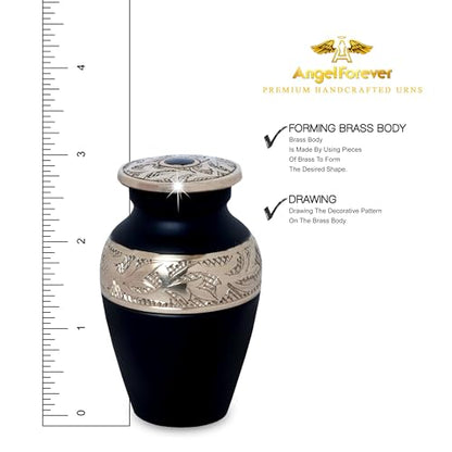 Small Keepsake Urn for Human Ashes – Black Handcrafted Solid Brass Mini Cremation Urn with Velvet Bag – Elegant Lacquer-Coated Memorial Urn for Men & Women – Durable Tribute Ashes Holder for Loved One