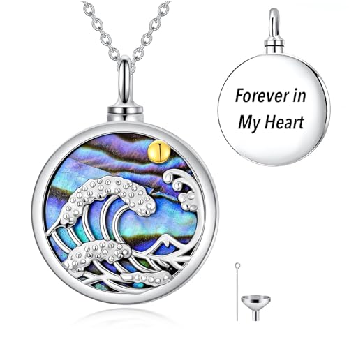 Urn Necklace for Women Sterling Silver Meaningful Memorial Jewelry | Paw Print/Butterfly/Dragonfly/Bird/Dolphin/Mountain/Tree of Life Urn Necklace for Ashes Cremation Keepsake Jewelry for Women - style: Abalone-Ocean Wave