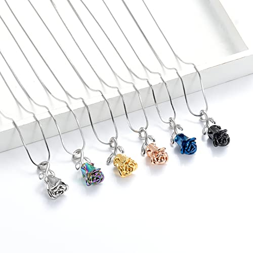 Rose Flower Cremation Urn Necklace for Ashes Stainless Steel Memorial Cremation Ash Jewelry Keepsake Pendant Necklace for Women Girl - color: Blue