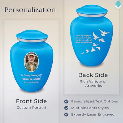 Embrace Adult Personalized Doves Cremation Urns for Human Ashes I Large Picture Racing Blue Funeral Urn for Adult Men and Women with Double Side Engraving I 200 lbs - color: _Racing Blue (Double Sided)