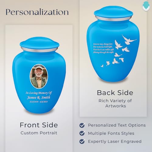 Geturns Embrace Adult Personalized Doves Cremation Urns for Human Ashes I Large Picture Racing Blue Funeral Urn for Adult Men and Women with Double Side Engraving I 200 lbs - color: _Racing Blue (Double Sided)