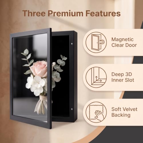 8.5x11 Magnetic Front-Open Shadow Box Frame with Real Glass, Memory Display Case for Dried Flowers, Keepsakes, Photos, Certificates, Wall or Tabletop Decor, Black
