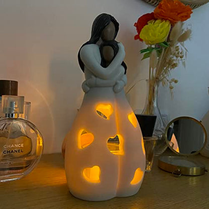 OakiWay Mother-Daughter Love Candle Holder Statue with Flickering LED Candle | Hand-Painted (Dark) - Unique Gifts for Mother's Day, Christmas, Birthday | Greeting Card Included - color: Mom & Daughter (Dark)