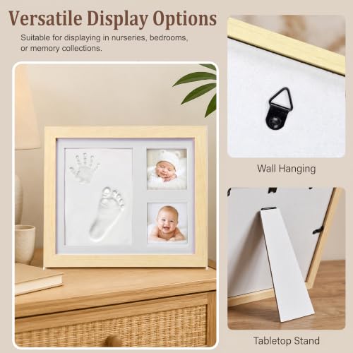 MICKYU Baby Hand and Footprint Kit, Clay Keepsake Frame | 8-Color Paints, Newborn Nursery Picture Frames, Personalized New Mom Gifts for Baby Shower & Registry, 9x11 in, Natural Wood - color: Natural Wood