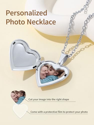 FindChic Locket Necklace for Women Custom Photo Memorial Gifts Multi-Shaped - color: Silver- Polished Heart