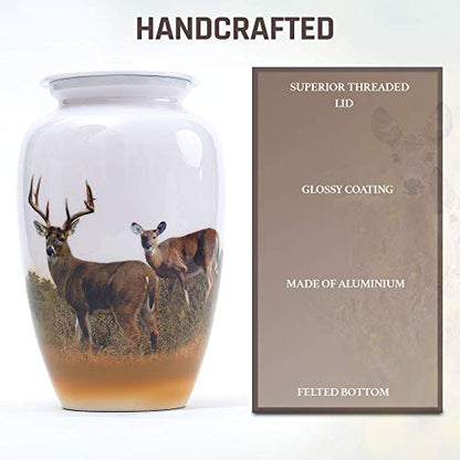 BOLD & DIVINE Hand Painted Deer Grazing Cremation Urn | Human Ashes Adult Memorial urn, Burial, Funeral Cremation Urns | 200 Cubic Inches (Large Adult Urn) with Unique Velvet Bag