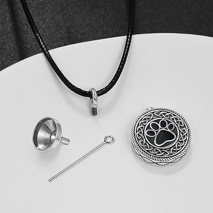 Dreamboat Pet Urn Necklace for Dog Cat Ashes 925 Sterling Silver Paw Print Cremation Keepsake Pendant Celtic Knot Memorial Jewelry Gifts for Women Men - style: 01A-Round (Silver)