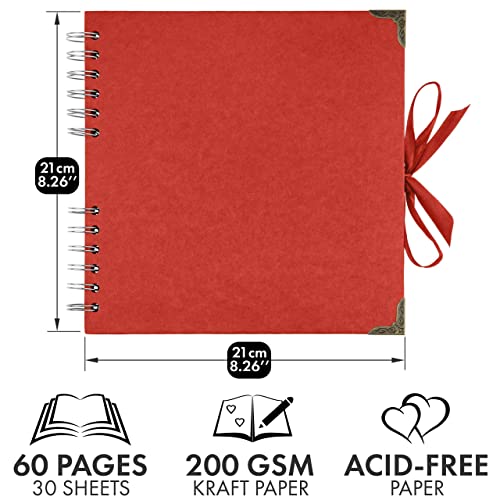 Bstorify Square Scrapbook Photo Albums 8 x 8 Inch Red Thick Paper, Hardcover, Metal Corners, Ribbon Closure - Ideal for Your Scrapbooking Albums, Art & Craft Projects | Hardcover with Thick 200 GSM Kraft Paper, Ideal for Your Scrapbooking Albums, Art & Cr