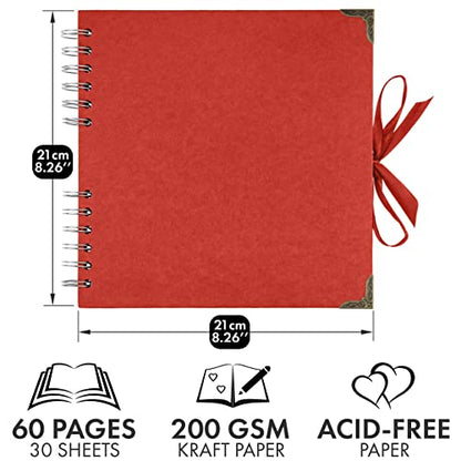 Bstorify Square Scrapbook Photo Albums 8 x 8 Inch Red Thick Paper, Hardcover, Metal Corners, Ribbon Closure - Ideal for Your Scrapbooking Albums, Art & Craft Projects | Hardcover with Thick 200 GSM Kraft Paper, Ideal for Your Scrapbooking Albums, Art & Cr