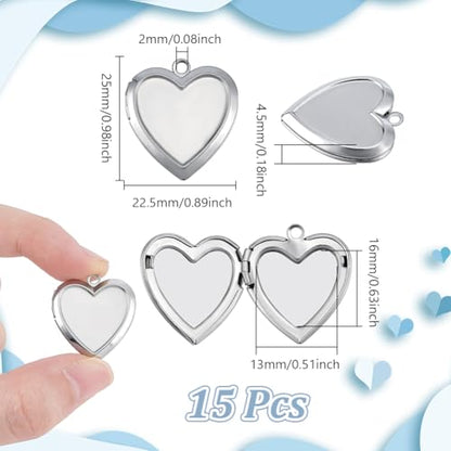 UNICRAFTALE 15Pcs Heart Photo Frame Charms Stainless Steel Picture Locket Charm Metal Locket Pendants Photo Memory Necklace Chain Bouquet Picture Charm for Women Men Wedding Jewelry Making