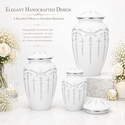 CLEENTABLE Cremation Urn for Human Ashes Adult, 200+ cu in, White Metal | Metal alloy, 11in H x 6.5in W, screw-top lid, 200+ cubic inches, handcrafted, women & men - color: White Silver, size: Classic Silver Vine - 6.5x11"