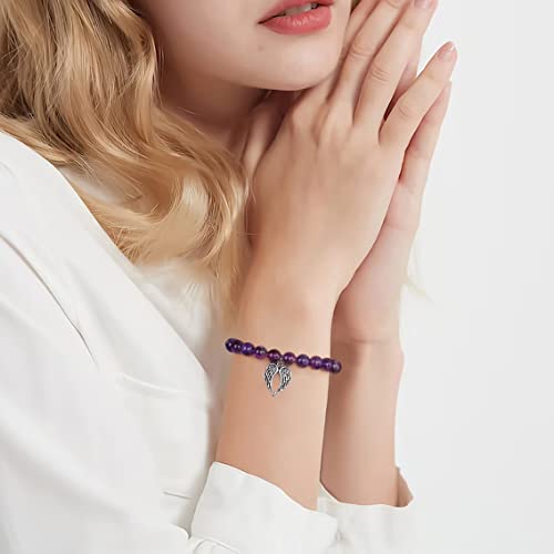 QWNHONEY Memorial Gifts for Loss of Loved Sympathy Remembrance In Memory of Mother Father Pet Bereavement Grief Pink Red Beads Bracelet with Angle Wings Jewelry Gifts for Women - style: Purple-Wings-I was always his angel, now he's mine
