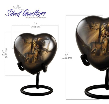 Gone Hunting Deer Heart Keepsake Urn with Sunrays – Majestic Buck Sharing Urn – Handcrafted Mini Memorial Cremation Urn for Human Ashes with Display Stand & Velvet Box (Heart Keepsake) - size: Heart Keepsake