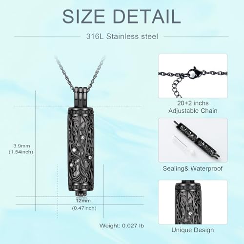 Tree of Life Urn Necklace for Women Men Cylinder Bar Memorial Ash Pendant | Tree of Life Cremation Jewelry,Stainless Steel Keepsakes Necklaces,Vial Ashes Pendant - color: Black