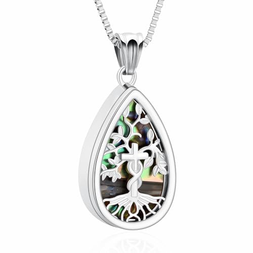 XSMZB Tree of Life Teardrop Cremation Jewelry for Human Pet Ashes Cross Urn Necklace for Ashes of Loved One Keepsake Pendant - color: Silver