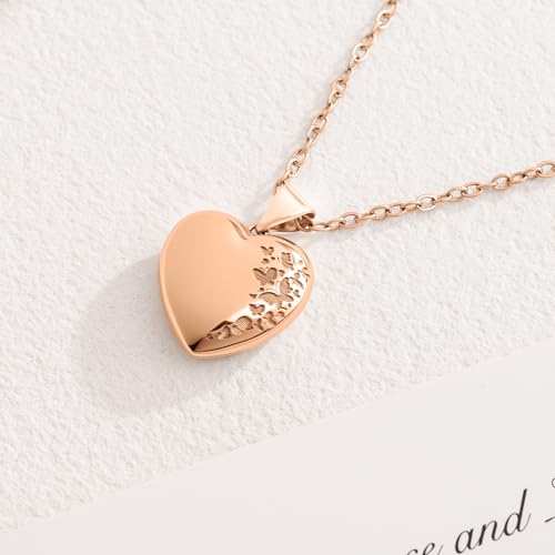 Heart Locket Necklace for Women Butterfly Necklace Holds Pictures Memorial Jewelry Birthday Mother's Day for Women - color: Rose Gold