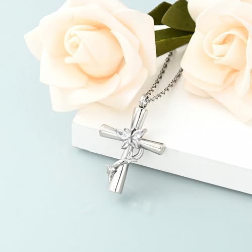 shajwo Butterfly Cross Urn Necklaces for Ashes for Women Men - color: Silver-White