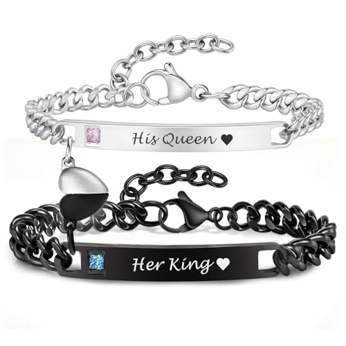 MEALGUET Matching Couple Bracelets for Men Women : His Hers Stainless Steel Cuban Link Chain Bracelets Set for Boyfriend Girlfriend Husband Wife, Romantic Gifts for Valentines Birthday Anniversary - style: Her King/His Queen