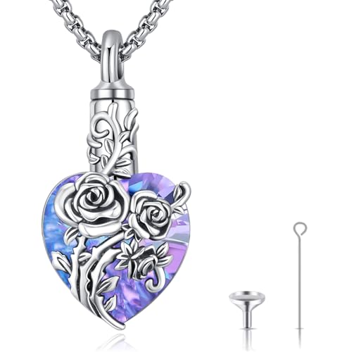 Urn Necklace for Ashes for Women/Men 925 Sterling Silver Cremation Jewelry w/Funnel Filler Memorial Jewelry Gifts - color: A-Rose (Purple Crystal), style: Non - Customized