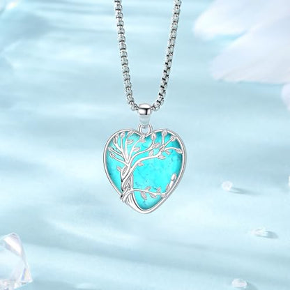 Eusense Tree of Life Necklace for Women Men Sterling Silver 925 Tree Urn Locket Cremation Jewelry Family Tree Pendant Gifts for Her Him Mom Dad Grandma Daughter - style: E-E-Tree of Life Necklace Turquoise