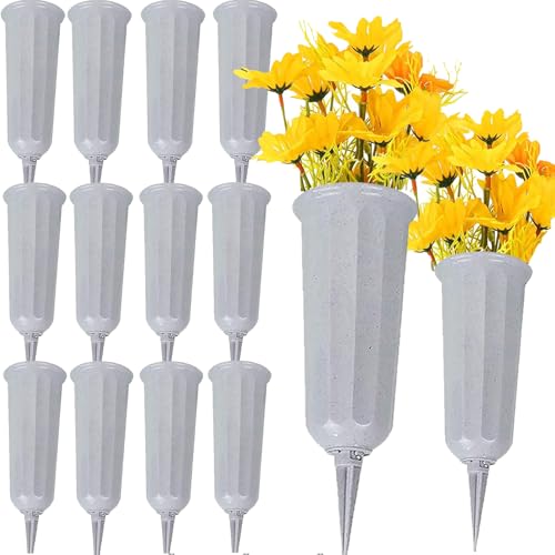 Plastic Cemetery Vases 12pcs Flower Holder for Cemetery Decorations for Grave In Ground Cemetery Vase with Stake - color: Gray