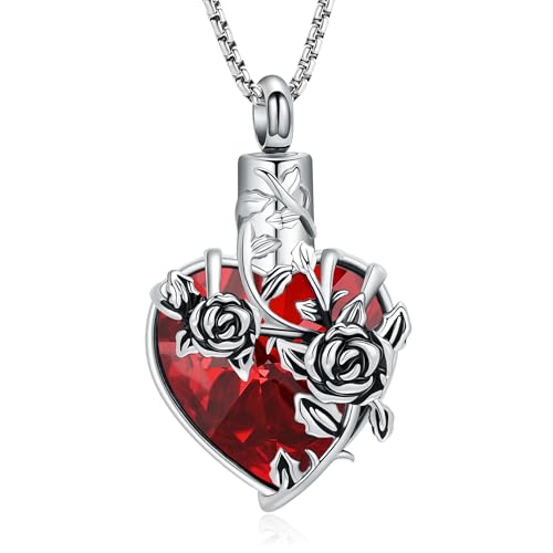 Rose Flower Cremation Urn Necklace for Ashes Heart Crystal Memorial Jewelry for Women Urn Keepsake Pendant Human Pet Memorial Locket Holder - color: Silver (Red Stone)