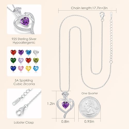 925 Sterling Silver Rose Love Heart Birthstone Necklaces for Women Jewelry | Hypoallergenic Nickel-Free & Lead-Free Pendant,Birthday Anniversary Christmas Gift for Women Wife Mom Girlfriend - color: White Gold-02-Feb