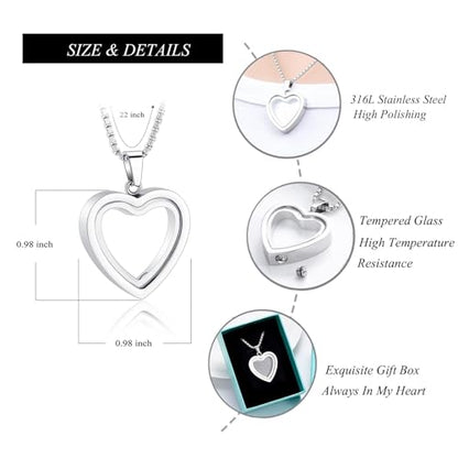 zeqingjw Glass Cremation Jewelry Necklace for Ashes Heart Memorial Lockets for Ashes Stainless Steel Keepsake Urn Ashes Pendants - color: Silver-Always in my heart