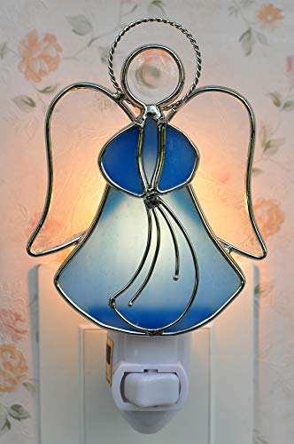 Stained Glass Angel Night Light Decorative Accent Lite Wall Plug in Nightlight for Hallway Bedroom Bathroom Kitchen Nature Themed Home Décor - color: Blue