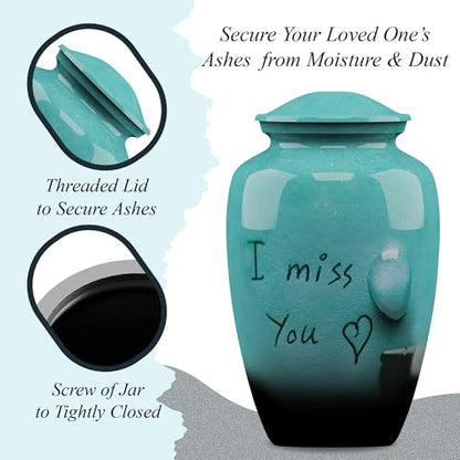 Forever URNS Adult Cremation Funeral Urn with Printed I Miss You Theme for Human Ashes of Female & Male | 200 cu in | Large | Sea Green | Completely Handcrafted with Velvet Protection Bag