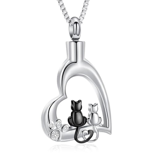 XSMZB Heart Paw Pet Cremation Jewelry for Ashes Cute Cat Memorial Urn Necklace for Women Men Pendant Ashes Holder Keepsake Jewelry - color: Silver-Black